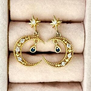 Crescent moon gold plated dangle earrings with solid 925 sterling silver post